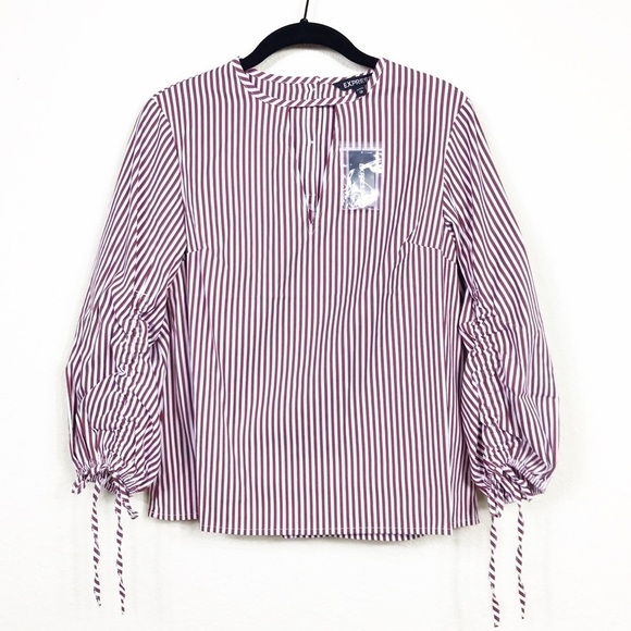 NWT Express Striped Keyhole Ruched Sleeve Top XS - Picture 2 of 8